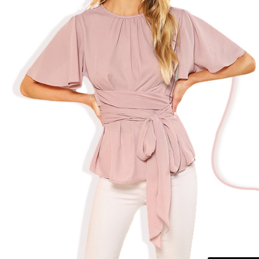 COLOR IS YELLOW - Women's Self Tie Wist Short Sleeve Casual Chiffon Blouse Tops